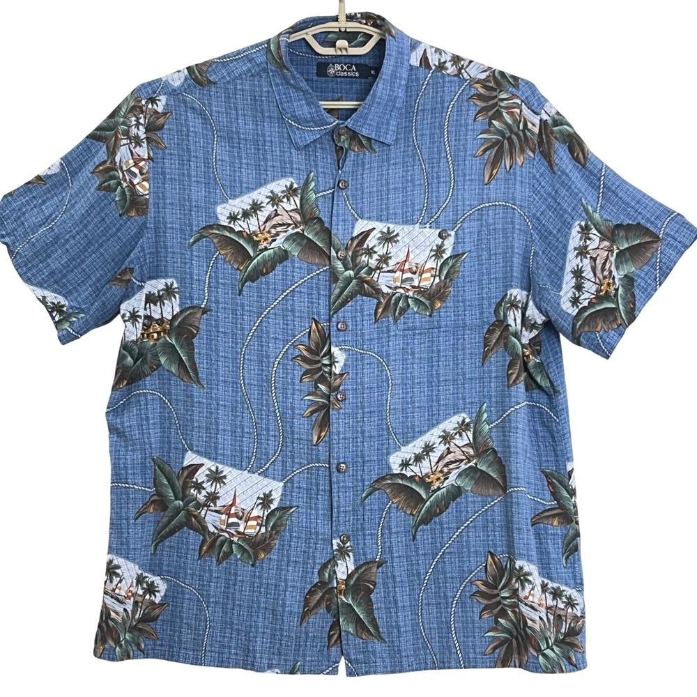 Boca Classics Mens Hawaiian Shirt XL Blue Tropical Island Palms Beach Vacation